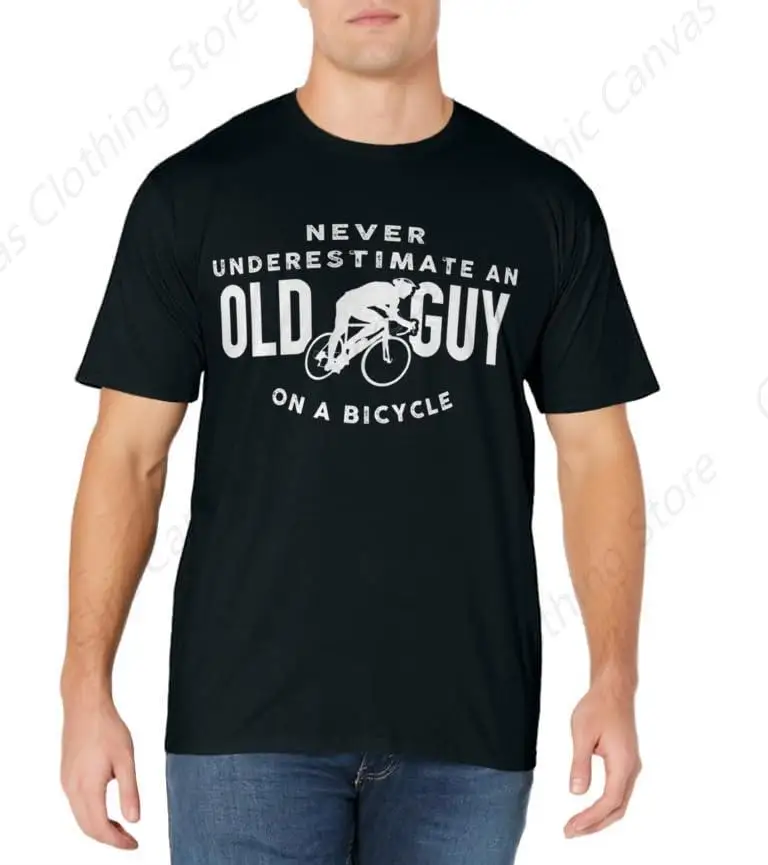 Never Underestimate The Elderly Cyclist'S T-Shirt, Fun And Humorous Printed Shirt Pure Cotton Men'S Black Casual Top