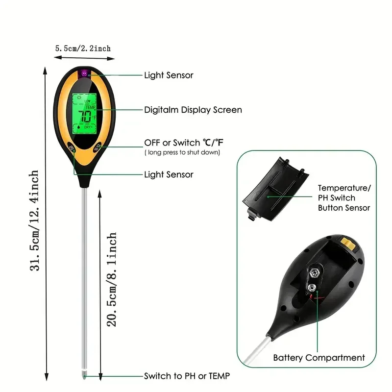 Soil PH Meter Tester Soil Tester PH Moisture meter Temperature Sunlight Intensity measurement Analysis Soil Acidity Test 4 in 1