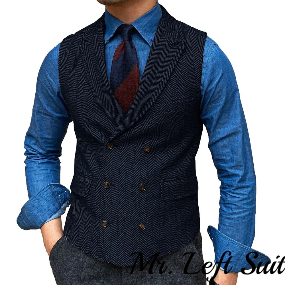 Herringbone Men\'s Vest Casual Double Breasted Suit Vest Lapel V Neck Wool Waistcoat Casual Formal Groomsman Jacket For Wedding