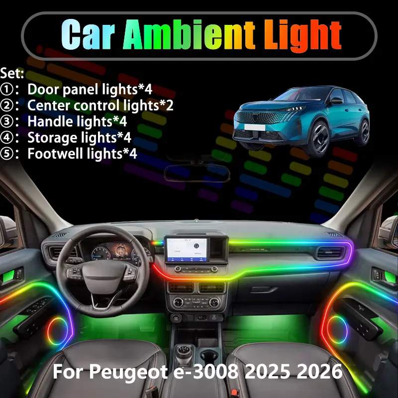

For Peugeot e-3008 2025 2026 P64 MK3 3th 2/18 in 1 Car ambient lighting Led trunk interior led lights USB RGB Ensemble Streamer