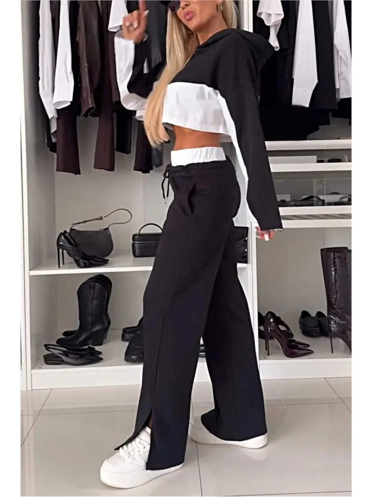 Stylish Contrasting Color Suit Autumn Elegant Short Long Sleeved Hooded Top Elastic Waist Lace Up  Leg Trousers Two Piece Sets