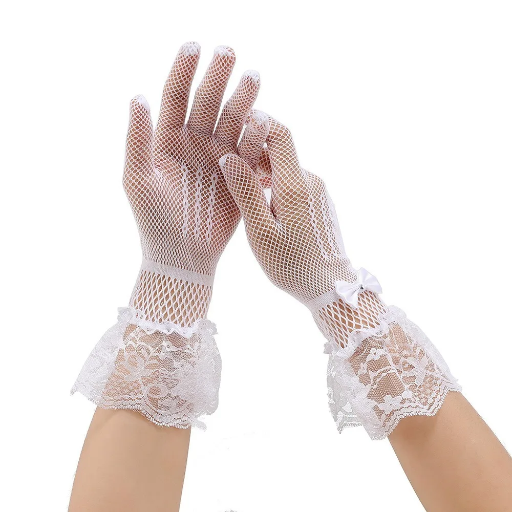 Новые кружевные ажурные перчатки, эластичные дышащие перчатки для невесты, сетчатые варежки с бантом, женские