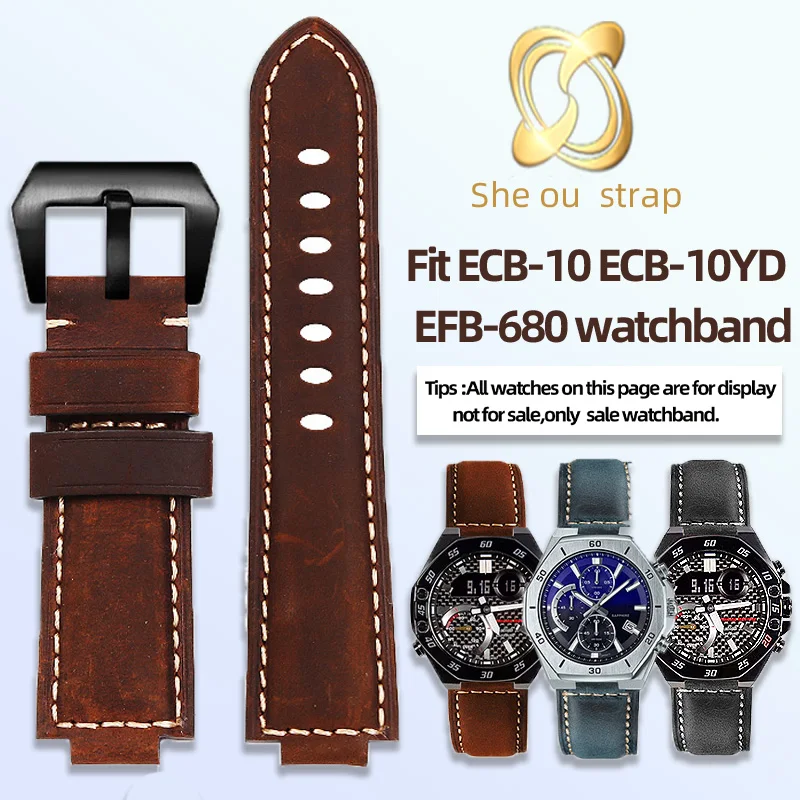 Cowhide Watch Strap For Casio EFB-680 ECB-10YD Black Armygreen Blue And Silver/Black Button Watchband 24mm