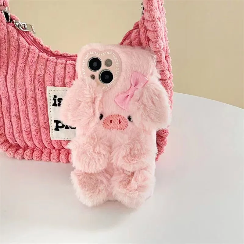 Luxury Pink Piggy Fluffy Fur phone case protection for iPhone 16 15 13 12 11 14 Pro Max XS XR 7 8 Plus X Lovely Pig Plush Coque