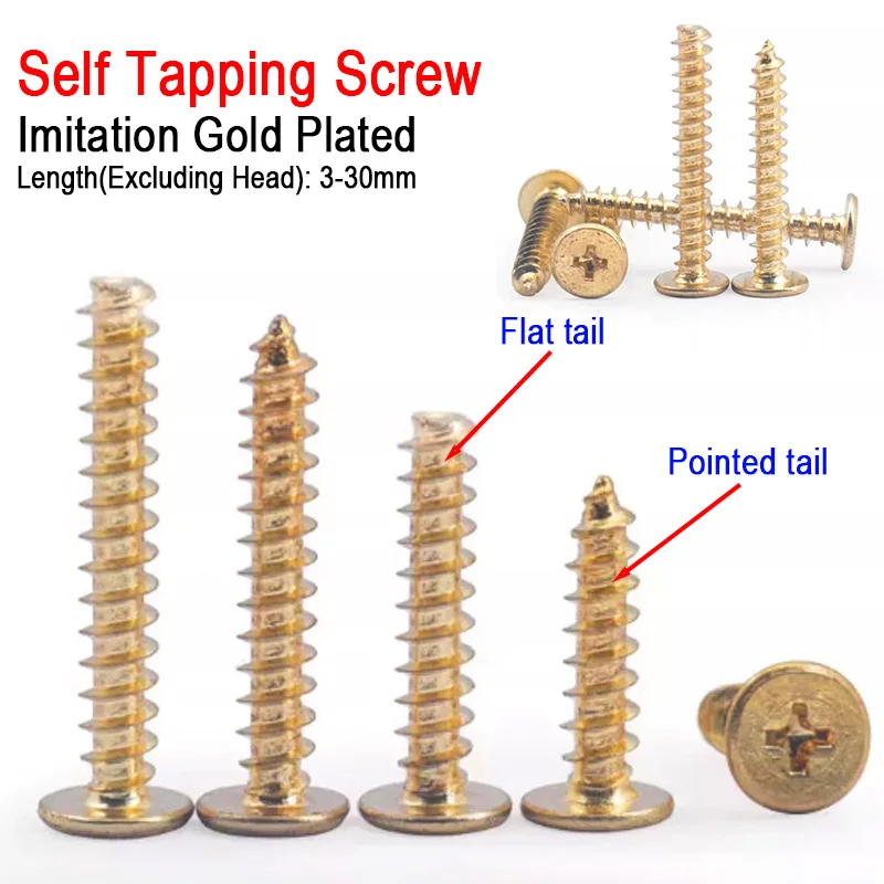 100~500pcs M3 M3.5 M4 Carbon Steel Imitation Gold Plated Cross Recessed Phillips Flat Countersunk Head Screw Bolt Length 5~25mm