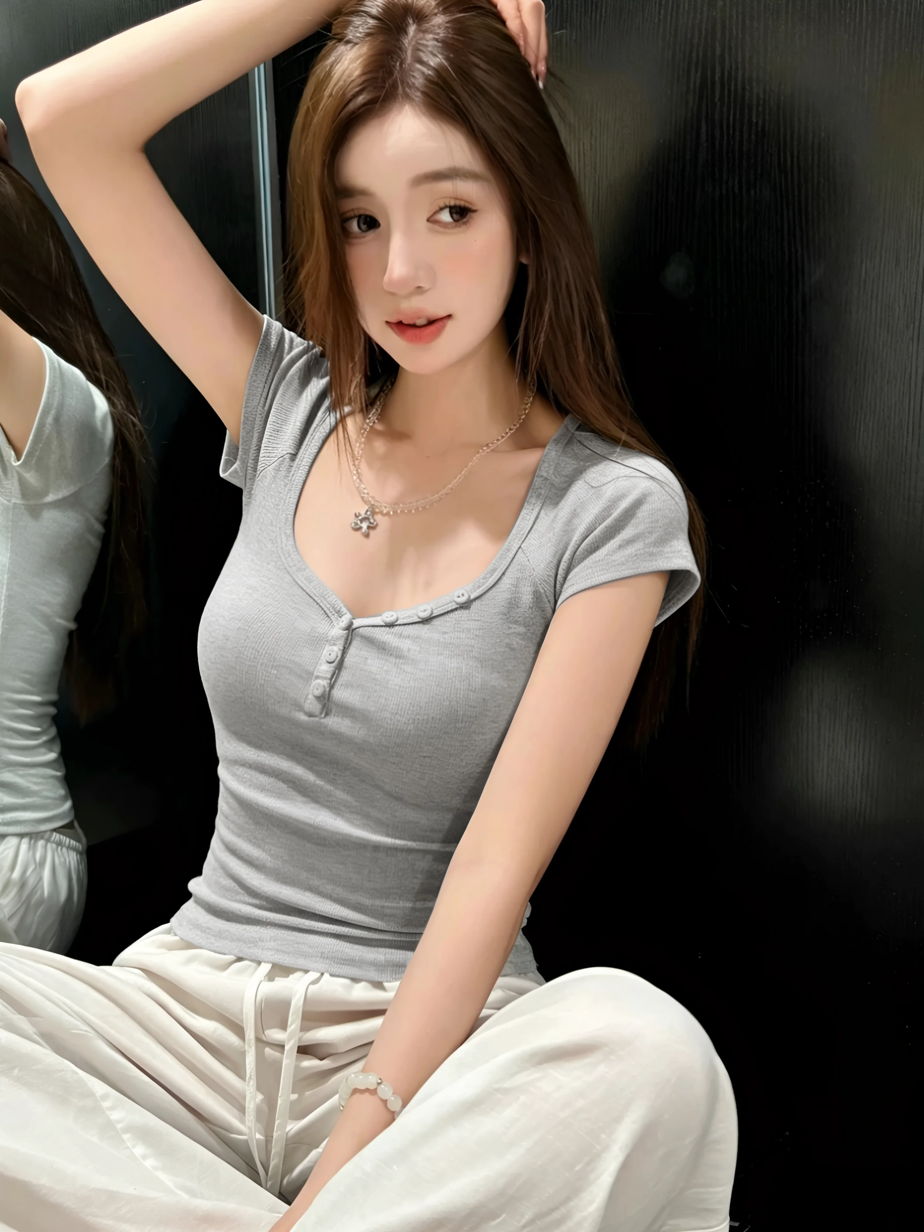 

Slim Fit Short Sleeve T-Shirt Women's V-Neck Button up Cotton 95% Summer New Style plus Size Sexy Girl Shoulder Bearing Top