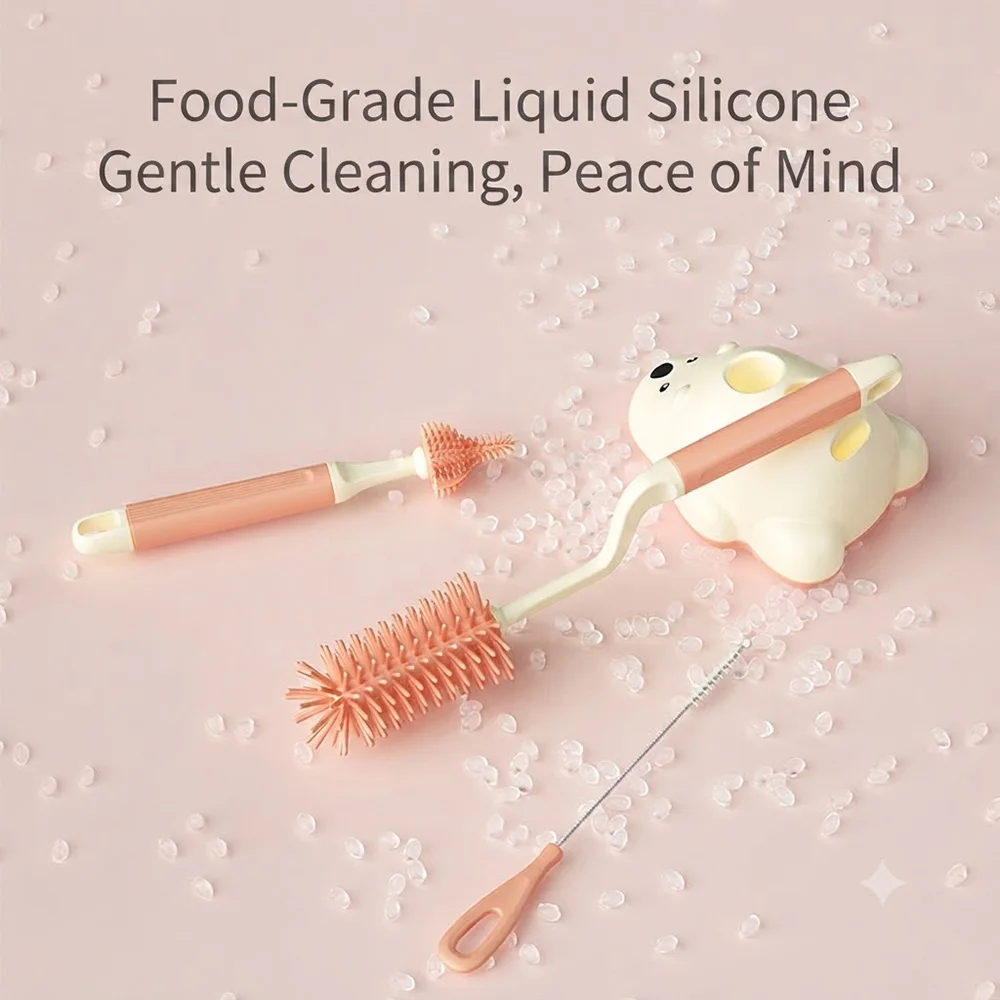 Silicone Baby Bottle Brush Set, BPA Free Bottle Cleaner with Drying Stand, Soft Bristle Milk Bottle Cleaning Brush for Infant