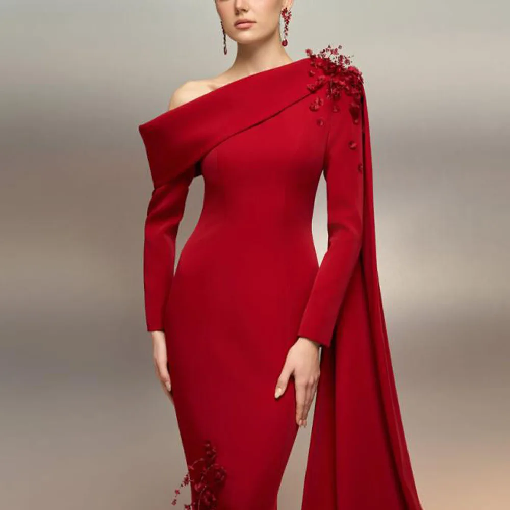 فساتين سهرة مخصصة قبالة الكتف مع كيب الأكمام 3D زهرة التفاصيل الظهر سبليت فستان حفلة موسيقية رسمية طول الكاحل