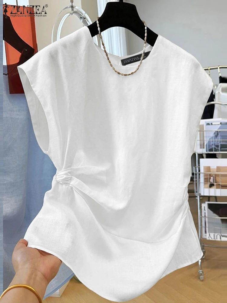 

Стильная летняя блузка без рукавов ZANZEA, женская офисная рубашка, повседневные однотонные свободные топы с круглым вырезом, модные праздничные Blusas Mujer 2025