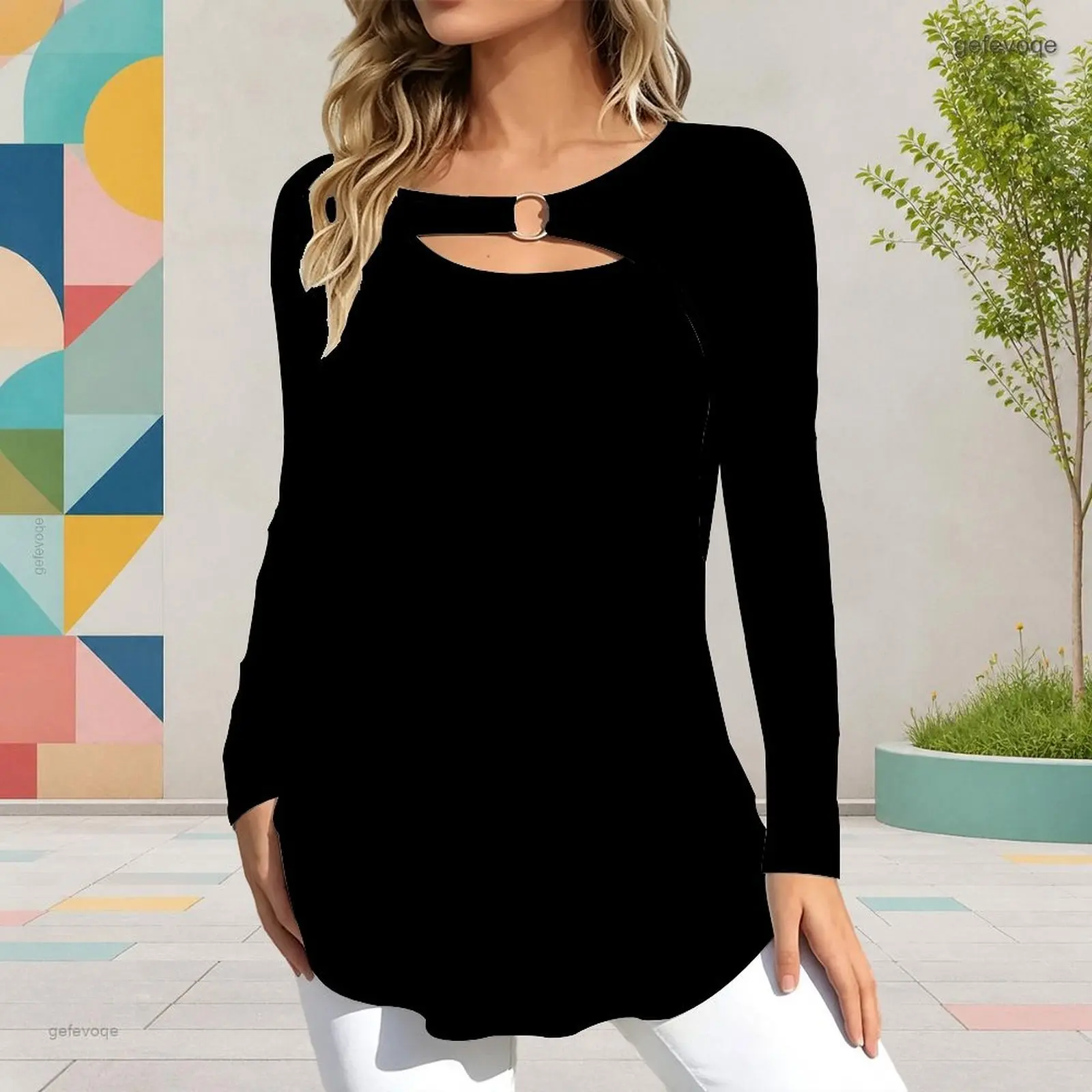 Women Top with Print Keyhole Ring Neck Long Sleeve Flared Hem