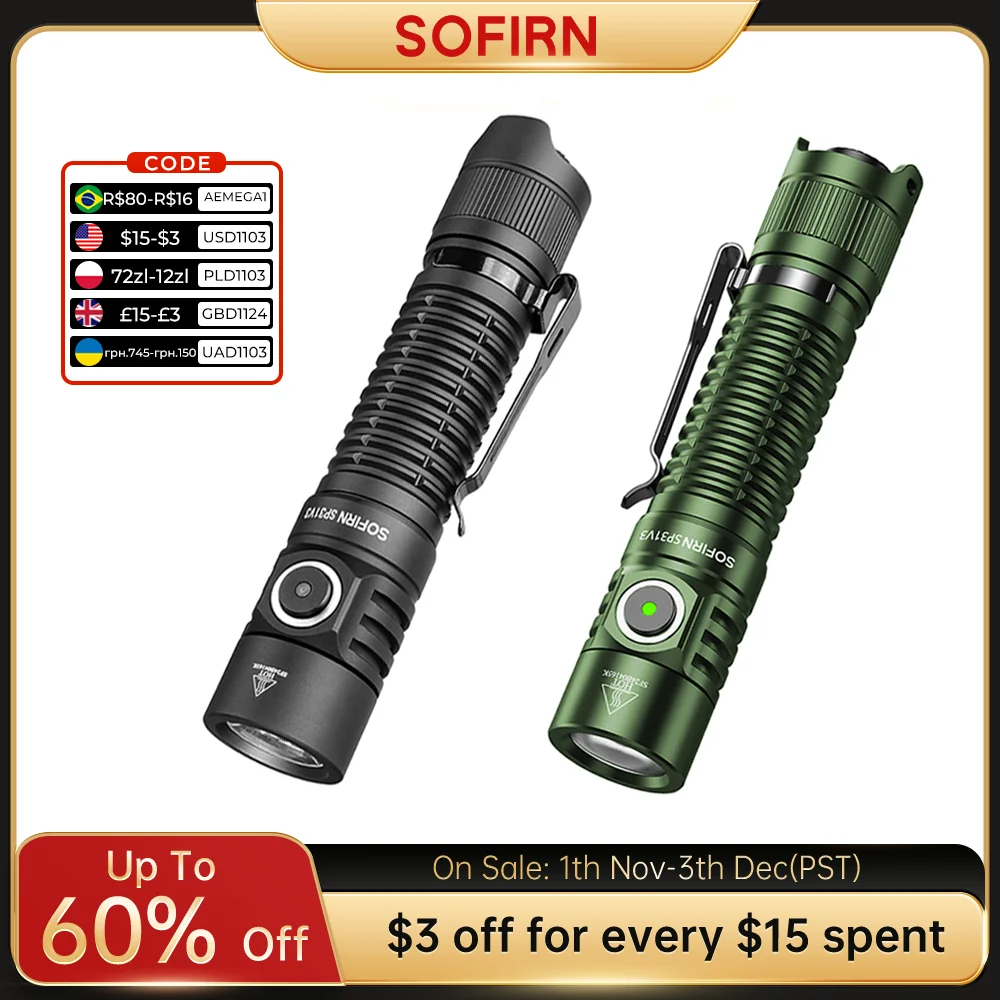 Sofirn SP31 V3 18650 Tactical Flashlight 2000lm SST40/519A Rechargeable Torch Throw 269M USB C IP68 EDC Tail Switch