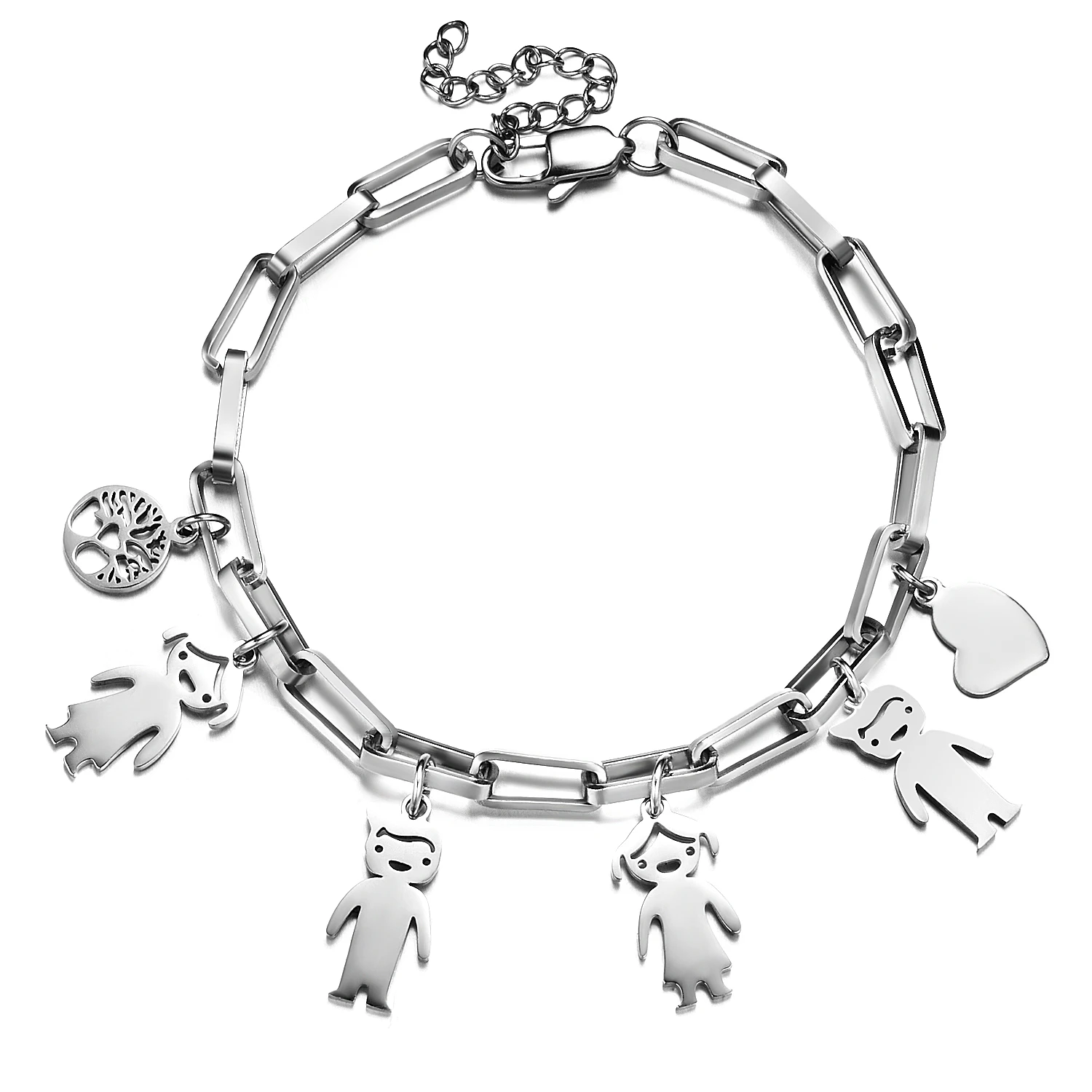 Custom Name Bracelet Stainless Steel Chain Personalized Boy Girl Family Name Children Kids Life Tree Heart Charms Bangle Jewelry