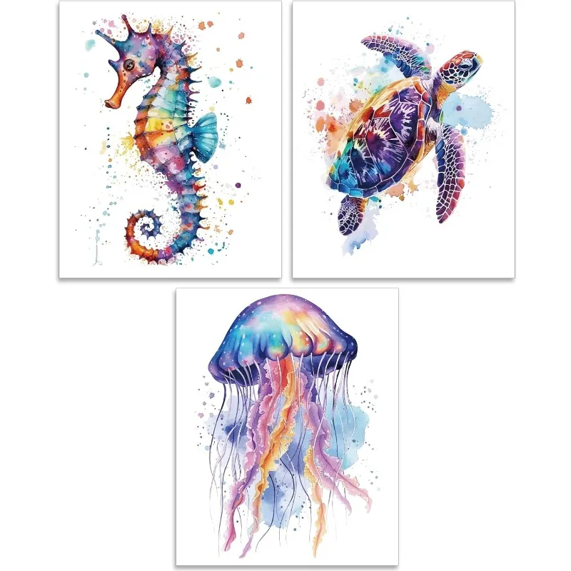 Póster de pared de animales marinos, 1 Juego de 3 piezas, Tortuga, Medusa, caballito de mar, papel de impresión artística de acuarela, sin marco, imágenes de animales del océano