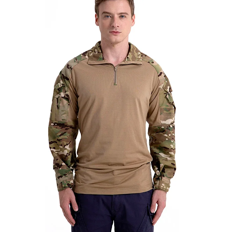 Men's Camouflage Tactical Shirt 1/4 Zip Long Sleeve Combat T Shirt Cotton Camo Uniform Airsoft Shirts