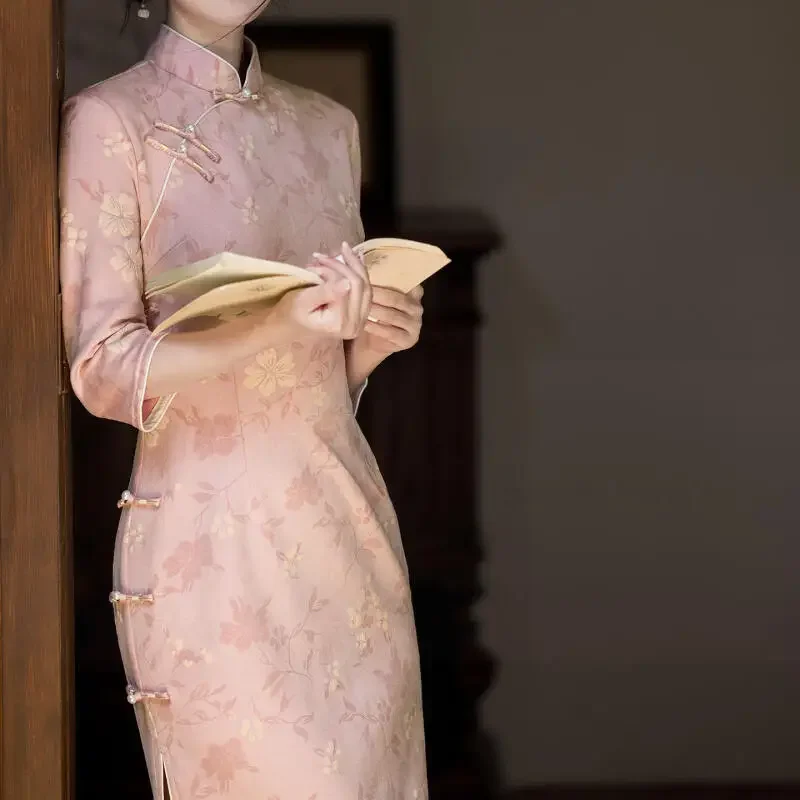 

Розовое Ципао женское сексуальное платье с цветочным принтом Chesongam улучшенное новое платье в китайском стиле длинное банкетное платье современное платье Cheongsam Hanfu