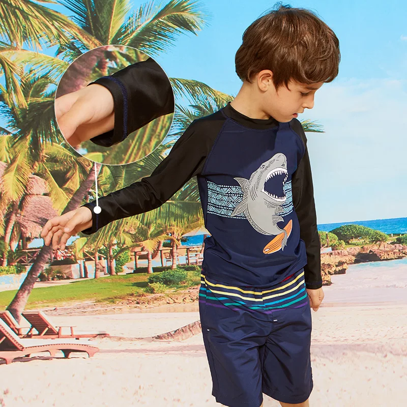 Summer Boys Long Sleeve Rashguard Kids Swim Suit UPF 50+ Sun Protection Shirts Boys Swimwear Navy Rash Guard Beach Wear