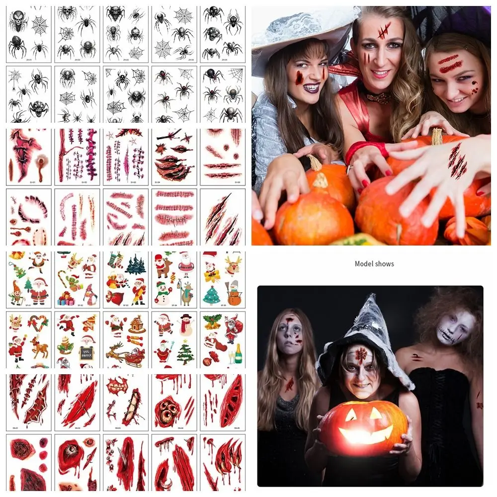 10Sheets/Set Realistic Temporary Halloween Face Makeup Tattoo Sticker Waterproof Terror Spider Scar Mask Design Party Fake Tatoo