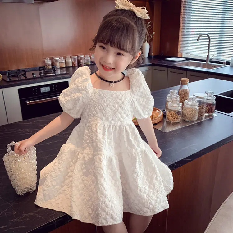 

Dress Above Knee Length Square Collar Short Sleeve Pullover Solid Designable Comfortable Soft Simple Summer Children Girls