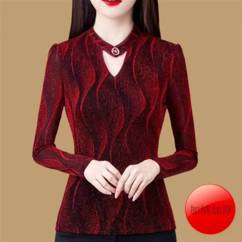 Autumn Winter New Slim Hollow Out Bottoming Shirt Fleece Long Sleeve All-match Print T Shirt Tops Elegant Vintage Women Clothing