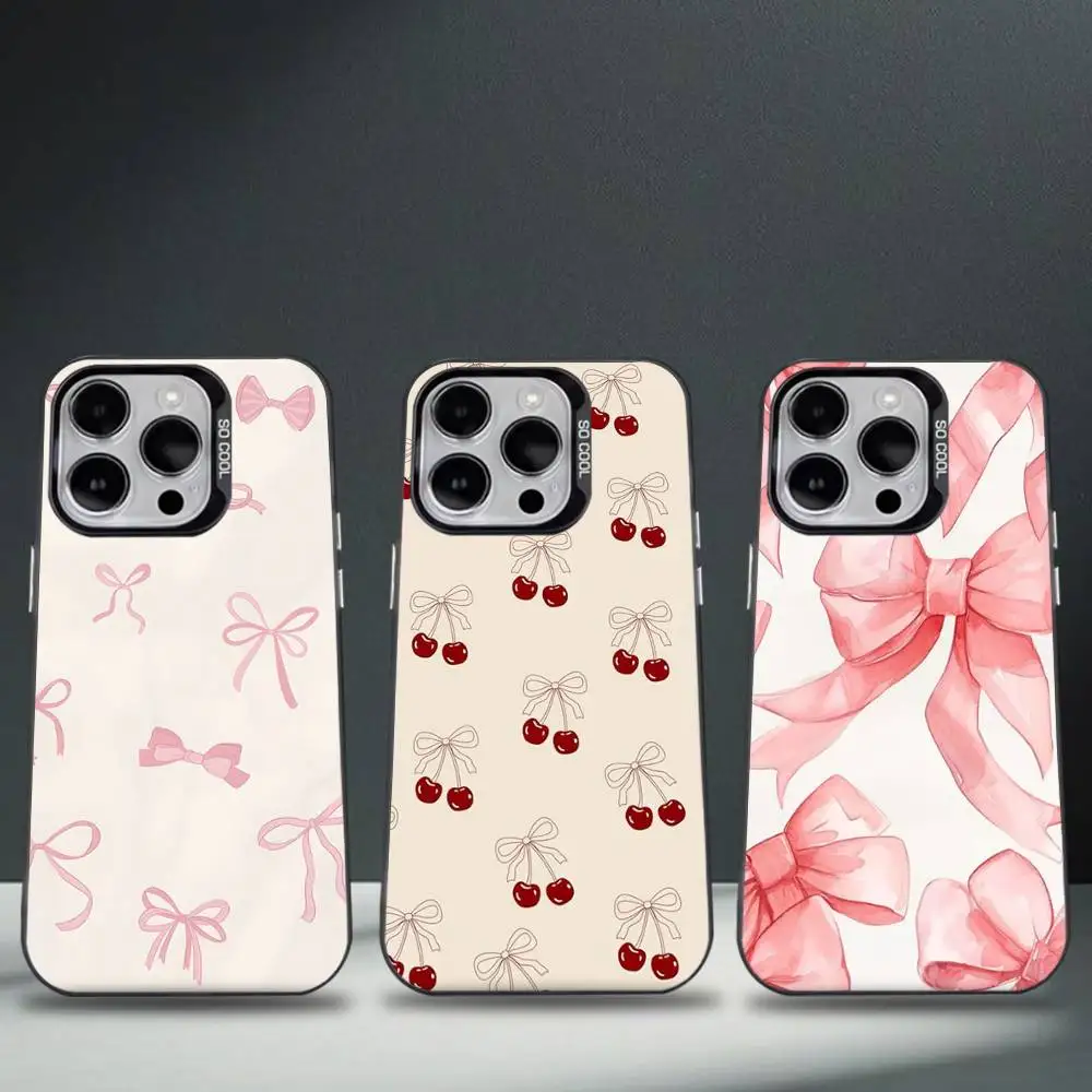 

Korean Cute Pink Bow Phone Case For iPhone 16,15,14,13,12,11,8,7,Pro,Max,Plus,Mini,XS,SE Anti Fall Black Matte Hard