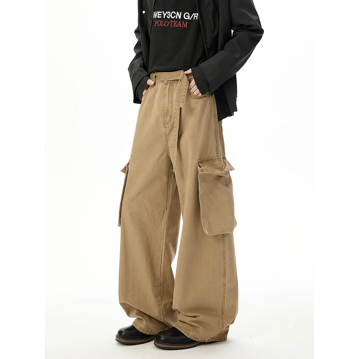 

Осенне-зимние широкие брюки цвета хаки с жемчугом, 100% хлопок, широкие брюки в индустриальном стиле со съемным поясом, мужские брюки