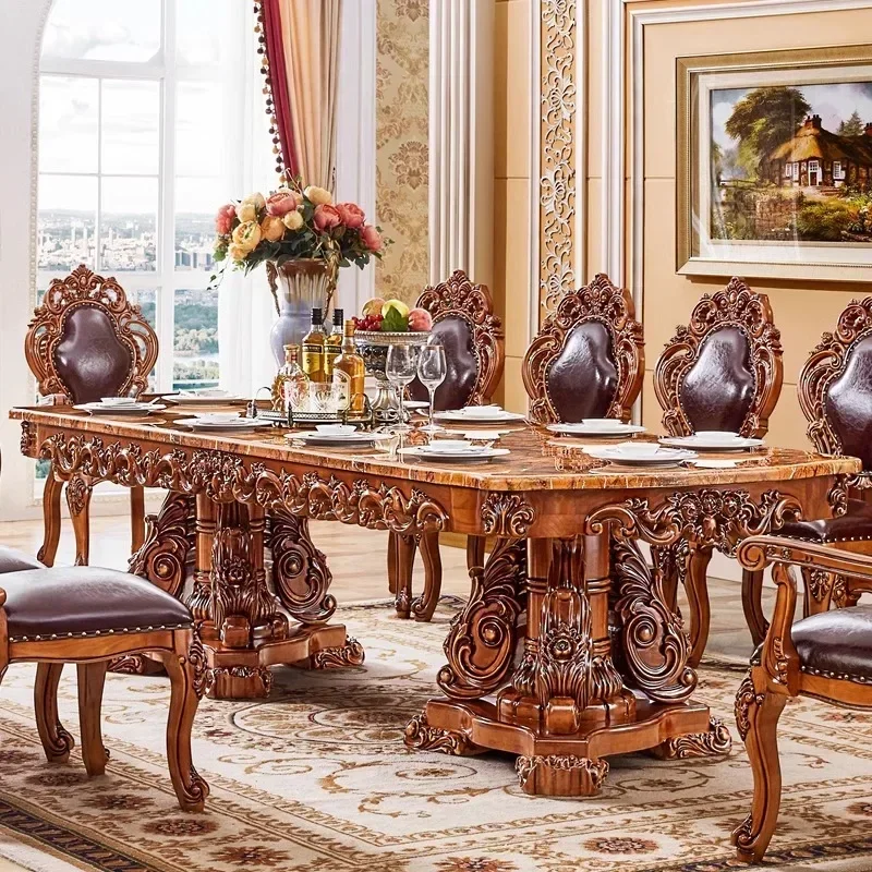 European marble dining table full solid wood carving flower retractable square table villa hotel club home super long western ta