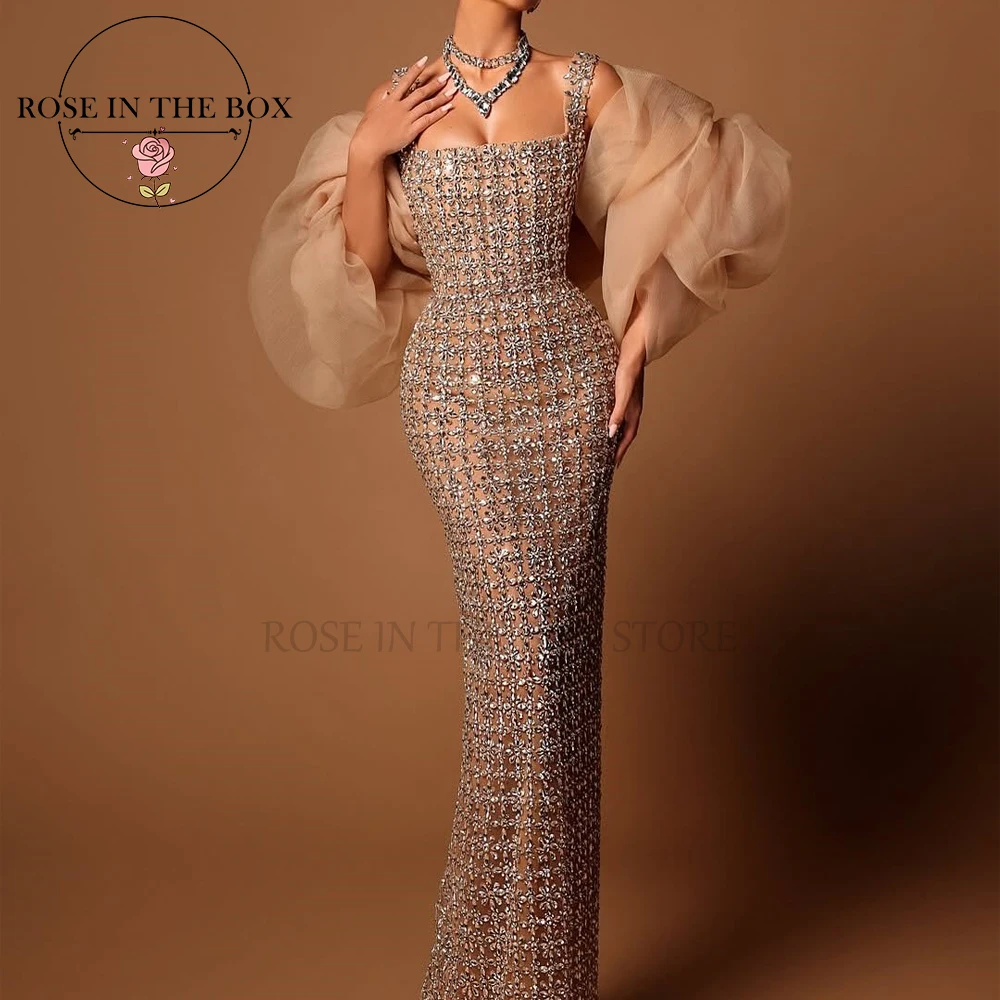 ROSEINTHEBOX personalizado glamuroso cristal champán sirena Maxi vestidos de noche escote cuadrado vestidos de fiesta elegantes