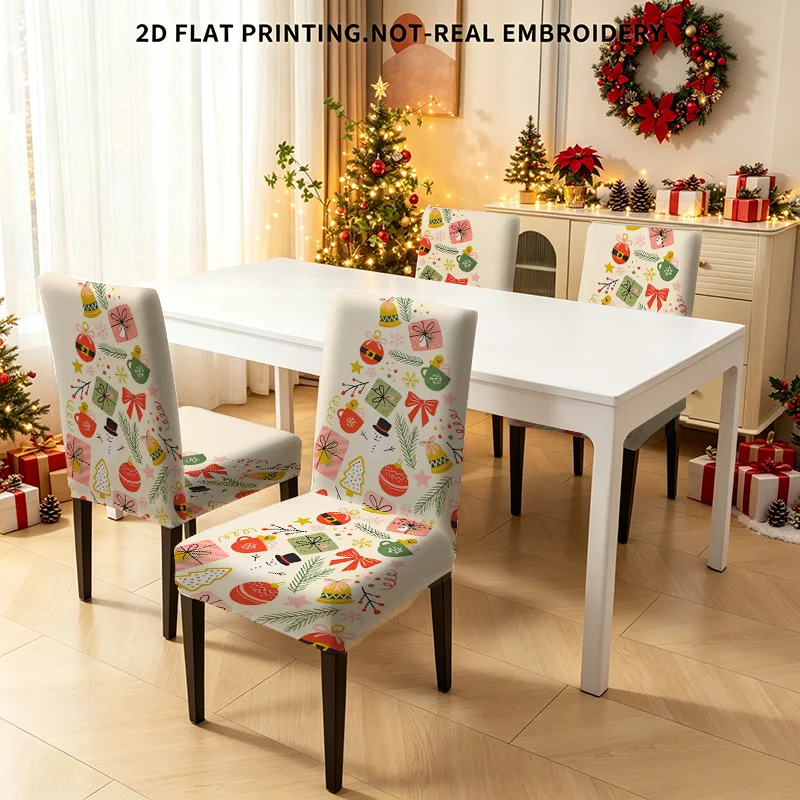 2/4/6 PCS Christmas tree lights gift dining chair cover, 2D flat design removable washable Christmas home holiday decoration