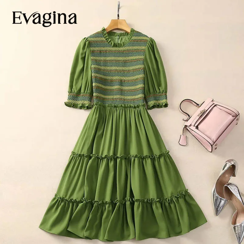 

Evagina New Fashion Runway Designer Women's Round Neck Short Sleeved Striped Pleated Wooden Ear Green Dress