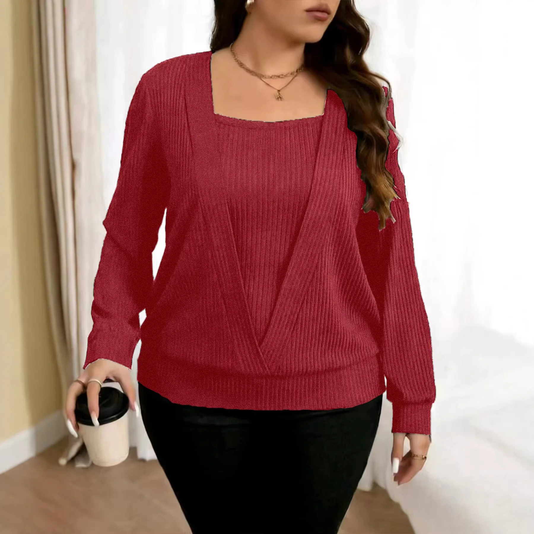 New Style Plus-Size Women's Versatile Fake Two-Piece Crewneck T-Shirt Long Sleeve