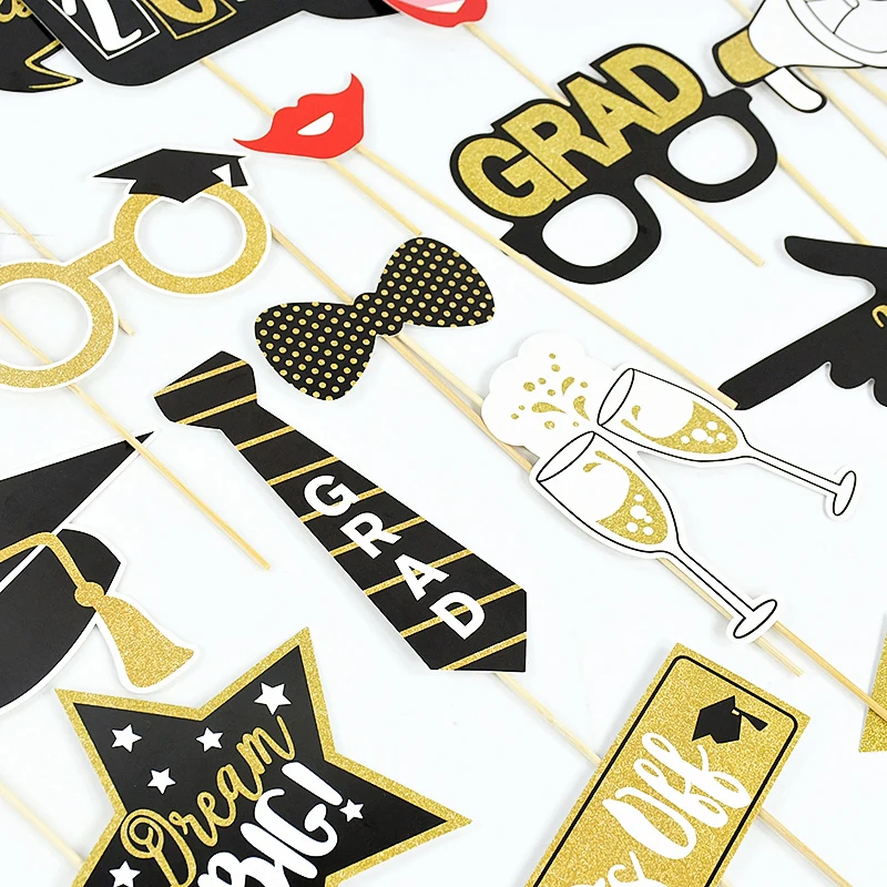 2024 Graduation Photo Booth Props Pack of 25 Black Gold Graduation Photo Props Decora Class Of 2024 Graduation Party Supplies