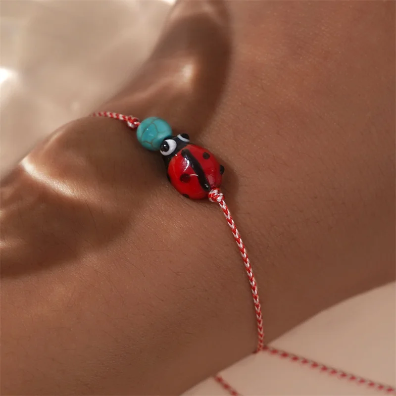 Delicate Copper Bead Synthetic Turquoise Ladybug Bracelet For Women Lovely Handmade Braided Bracelet Jewelry Accessories Gifts