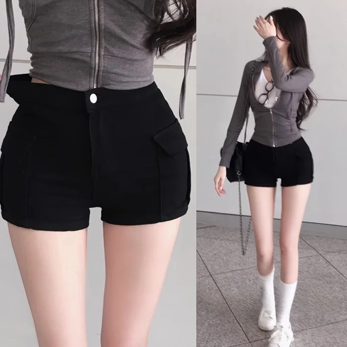 

Сексуальные шорты с высокой талией, облегающие, с двумя карманами, эластичные, повседневные, рабочие, белые, прямого кроя, из полиэстера