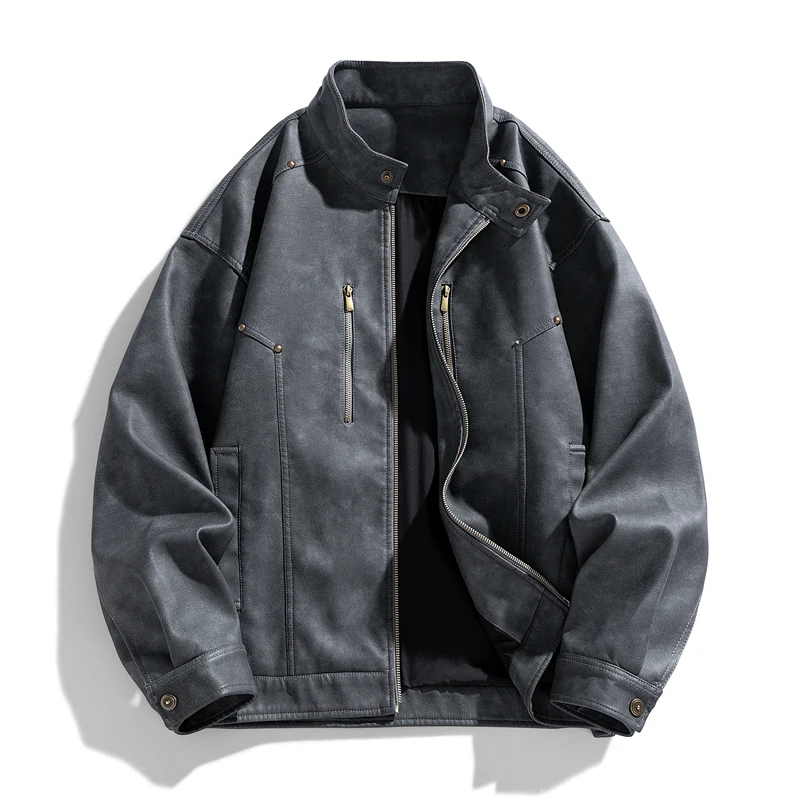 American Style Stand Collar Faux Leather Jacket Men Trend Motorcycles Casual Outwear Male Autumn Winter Loose Moto Biker Coats