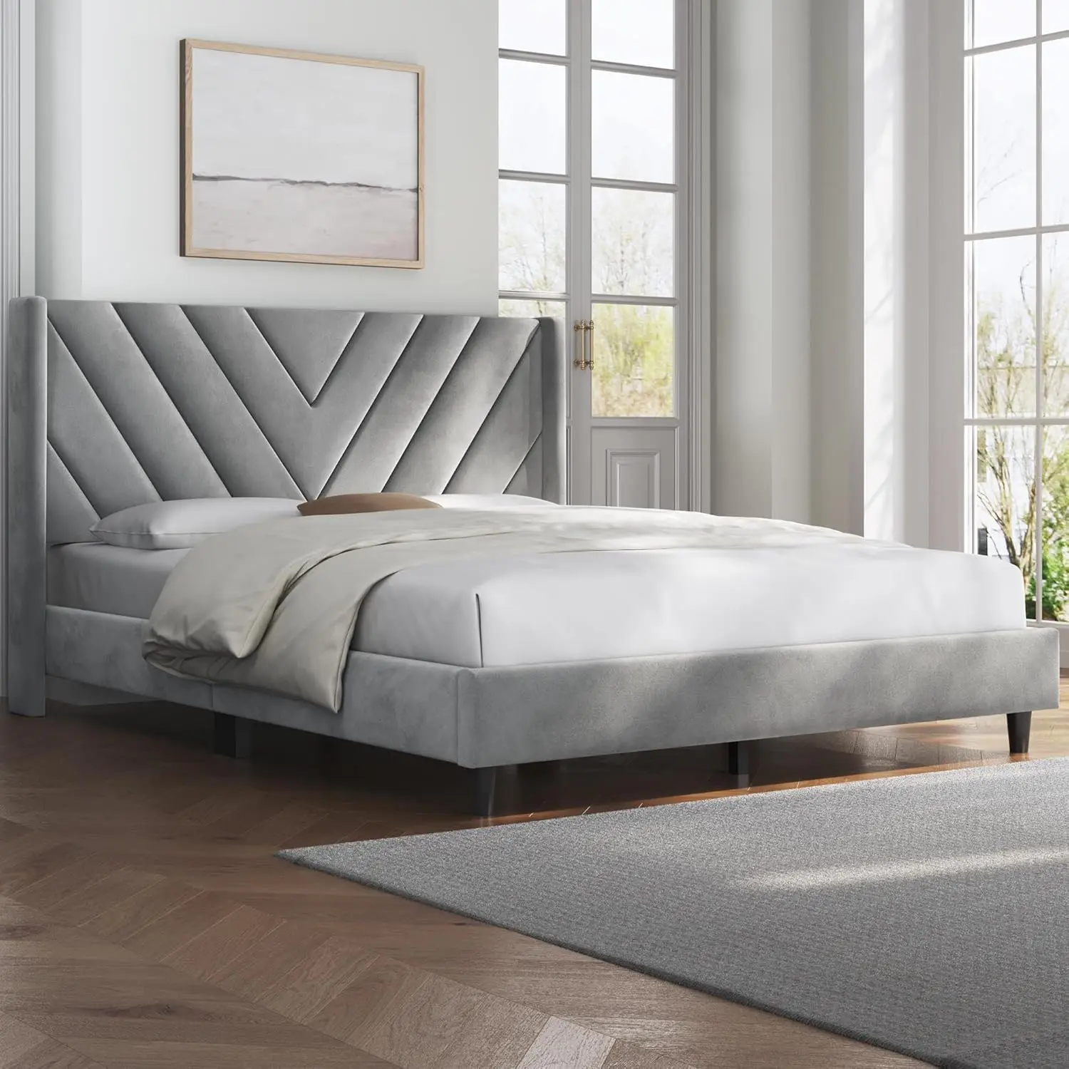 Estofado Cama Queen Frame com Asa Lateral, Suporte De Madeira Slat, Cabeceira Tufada