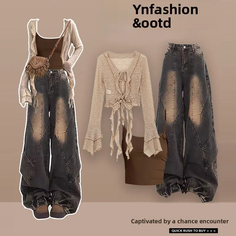 Damski jesienny zestaw: kardigan dżinsowy w stylu western, długi sweter z dekoltem w serek, komplet z krótkim topem, płaszcz w stylu pustynnym i crop top.