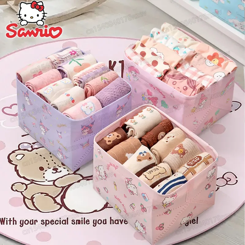 3pcs Sanrio Cartoon Storage Box Children's Underwear Socks Clothing Hello Kitty Kawaii Home Wardrobe Multi-purpose Storage Boxs