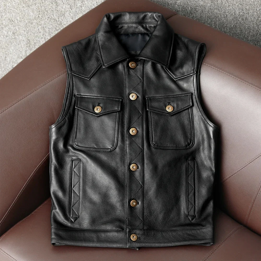 

Wholesales.2025 new brand genuine leather vest.classic motor rider cowhide clothes.quality slim coat.