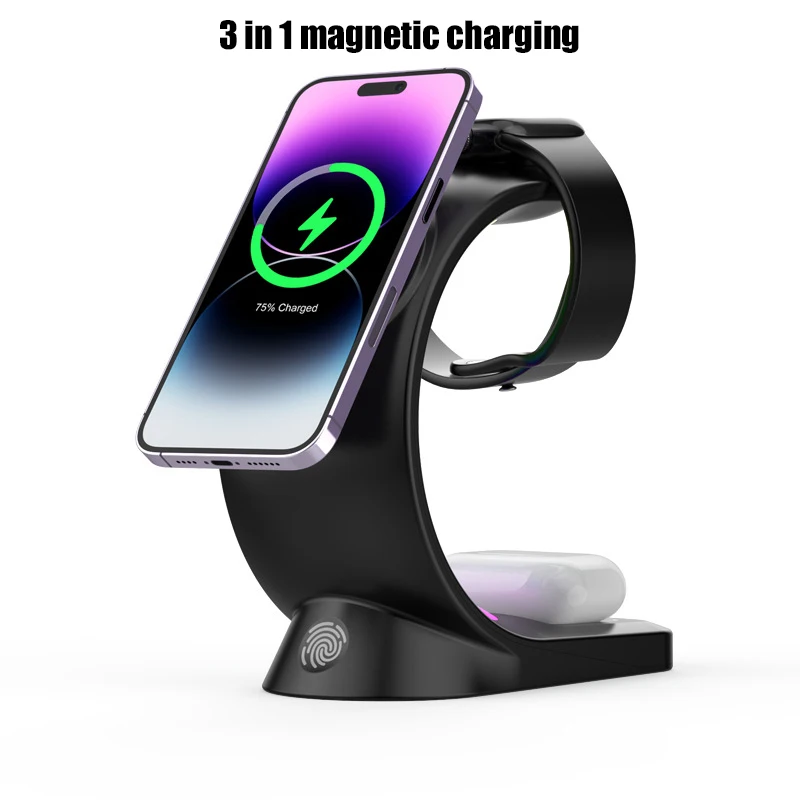 3 in 1 RGB Light Wireless Charger Stand For iPhone 12-14 Series/iWatch/Airpods 15W Fast Charging Multifunctional Night Light