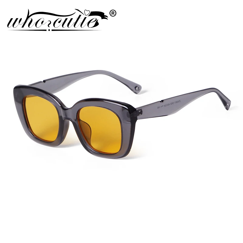 

WHO CUTIE Trendy Square Women Sunglasses Brand Design Gray Yellow Tortoise Frame Blue Lens Shades Sun Glasses Men Eyewear Female