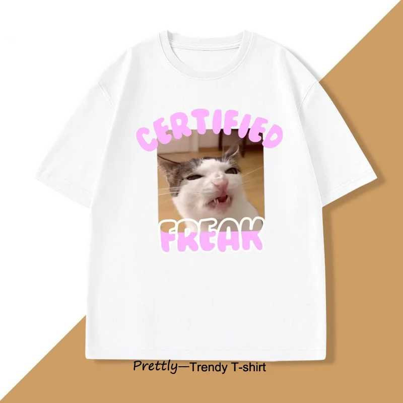 

Certified Freak Funny Cat Cotton T-shirt Men Women Vintage Fashion Short Sleeve Cat Lover Printed T Shirt Oversized Clothes