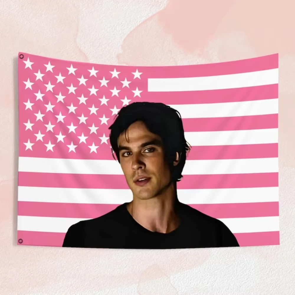 Damon Salvatore Pink Flag Outdoor Decor | Fun Custom Y2K Wall Hanging Banner, Personalized Room & Bedroom Home Decoration Flat