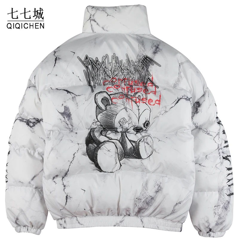 Down Padded Parkas Men Graffiti Bear Print Street Hip Hop Casual Thick Warm College Heating Jacket Coat Winter Windbreaker Women