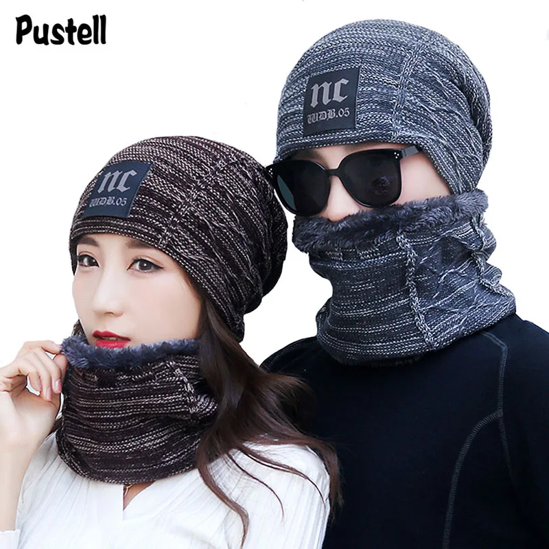 

Winter Knitted Scarf Hat Set Thick Men Warm Skullies Beanies Hats For Women Solid Outdoor Snow Riding Ski Unisex Bonnet Caps