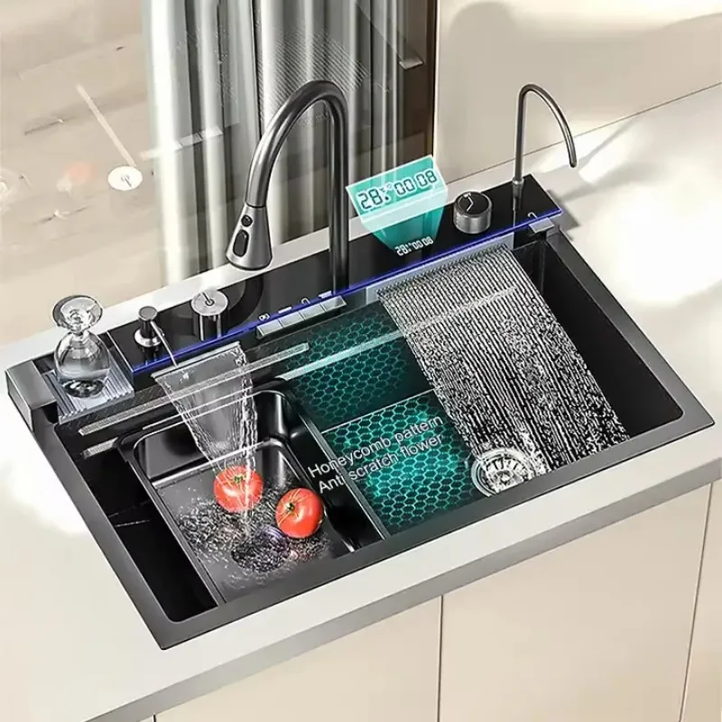 

2025 Popular Large Single Slot Multifunction Sink Anti-Scratch LED Digital Display 304 Stainless Steel Waterfall Kitchen Sinks