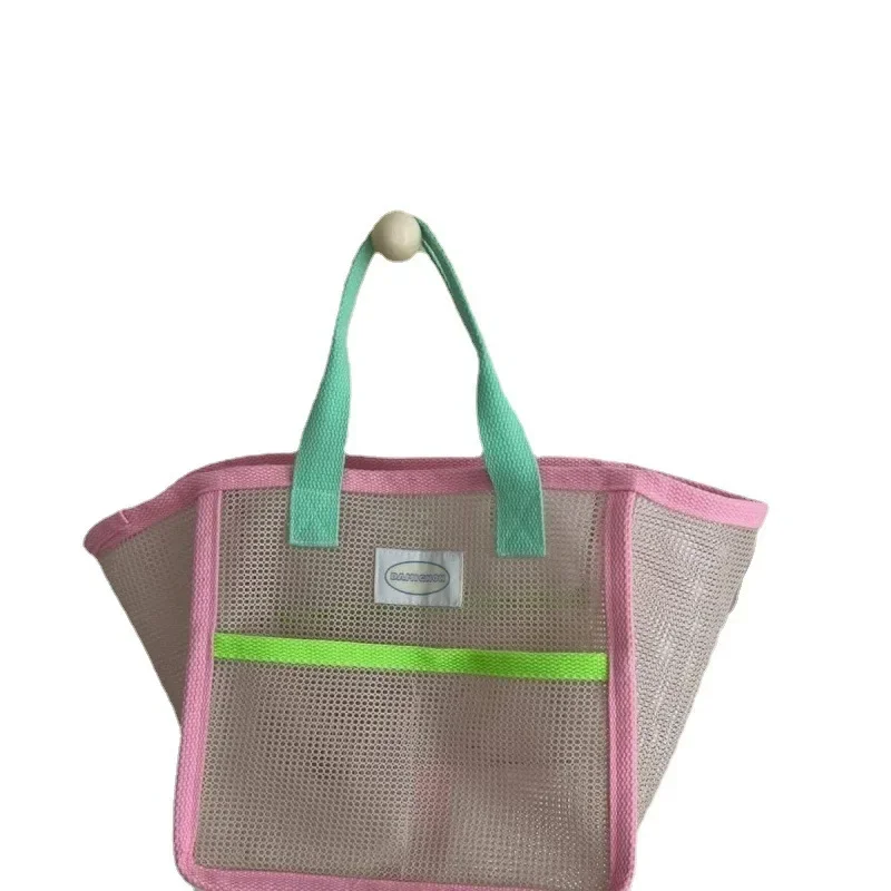 Pink Green Contrast Beach Bag Children\'s Toy Mesh Portable Storage Bag Outdoor Travel Swimming Toiletry Storage Bag Organizer