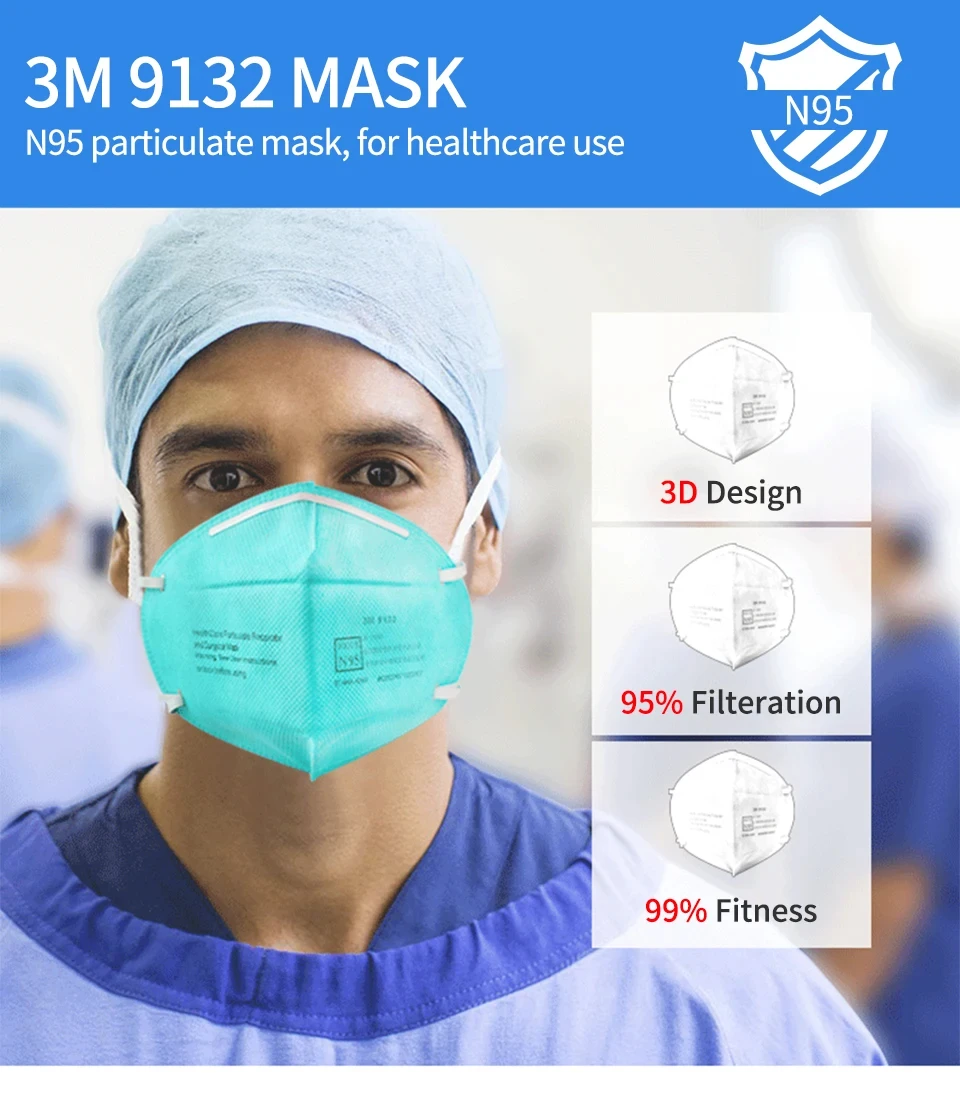 قناع 3M للرعاية الصحية 9132Niosh N95 جهاز تنفس مقاوم للرذاذ لموظفي الرعاية الصحية المهنية حزمة فردية غير صمامية عالية الكفاءة