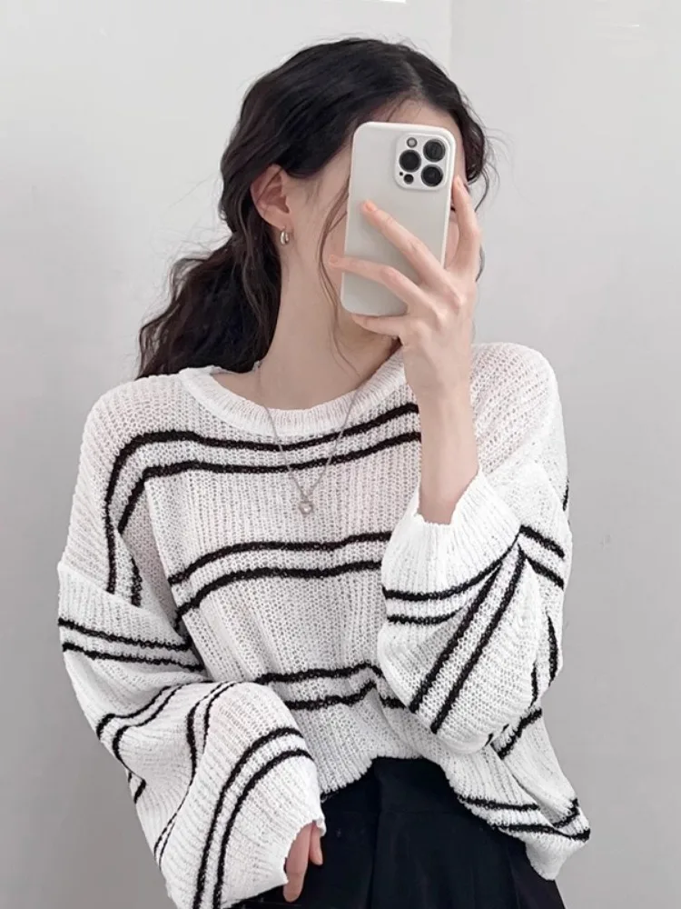 Korean Chic Sweaters Women's Clothes Long Sleeve Casual Jumper Sueter Mujer Korean Knitting Thin Striped Pullovers Pull Femme