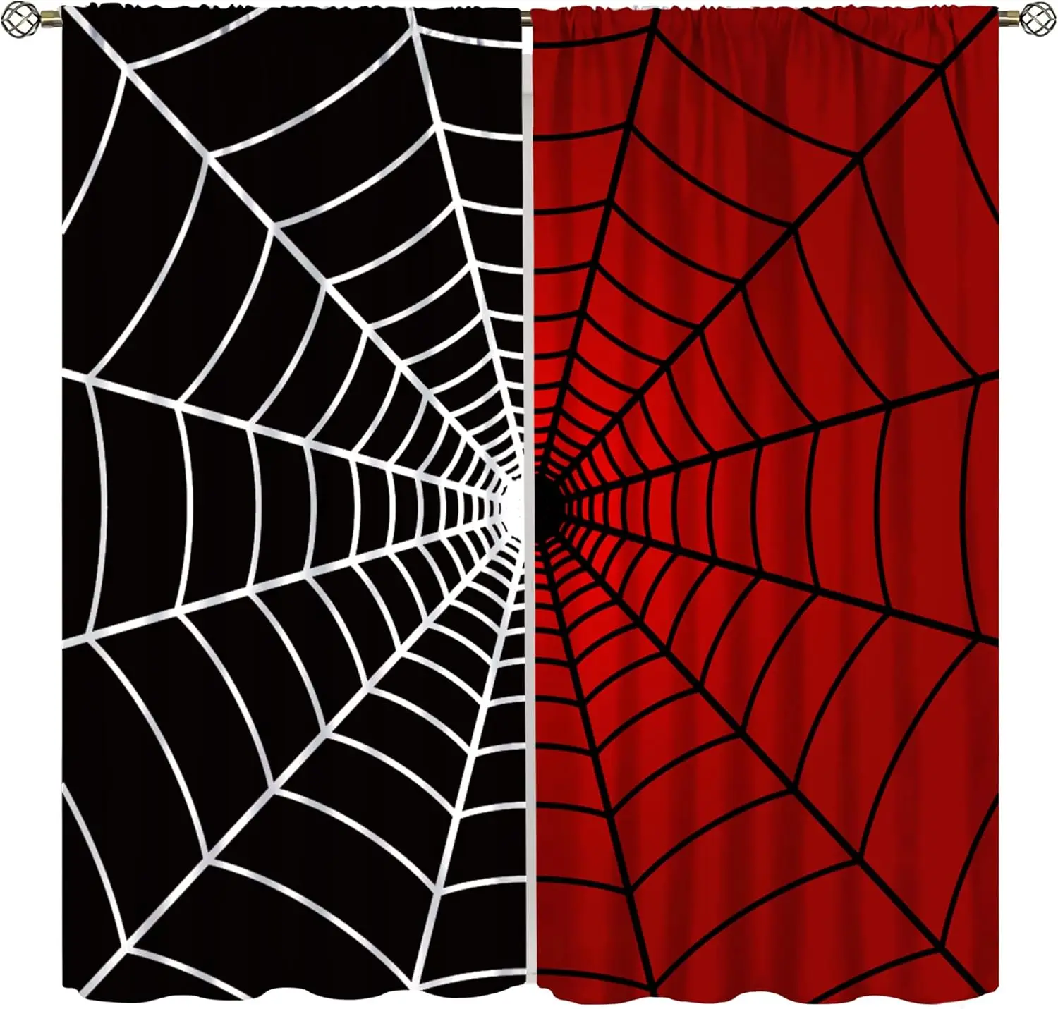 Scary Halloween Spiderweb Curtains Red Black Backdrop Polyester Home Decor Party Decoration Curtain Ghoul Masquerade Room