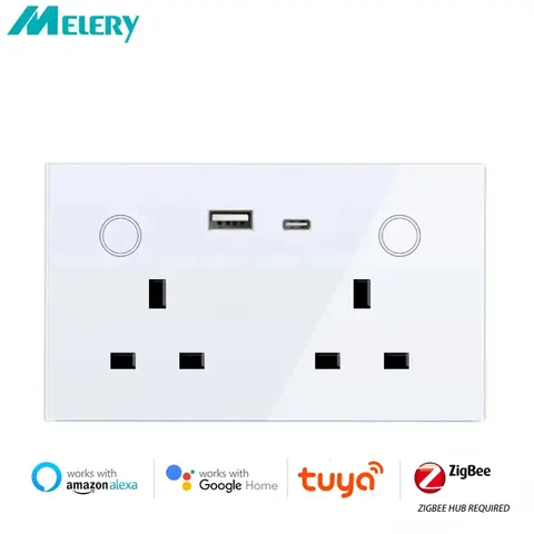 Melery UK Zigbee 스마트 벽 소켓 Tuya 전원 모니터 콘센트 터치 스위치 플러그 USB Type-c 무선 원격 Alexa Google 홈